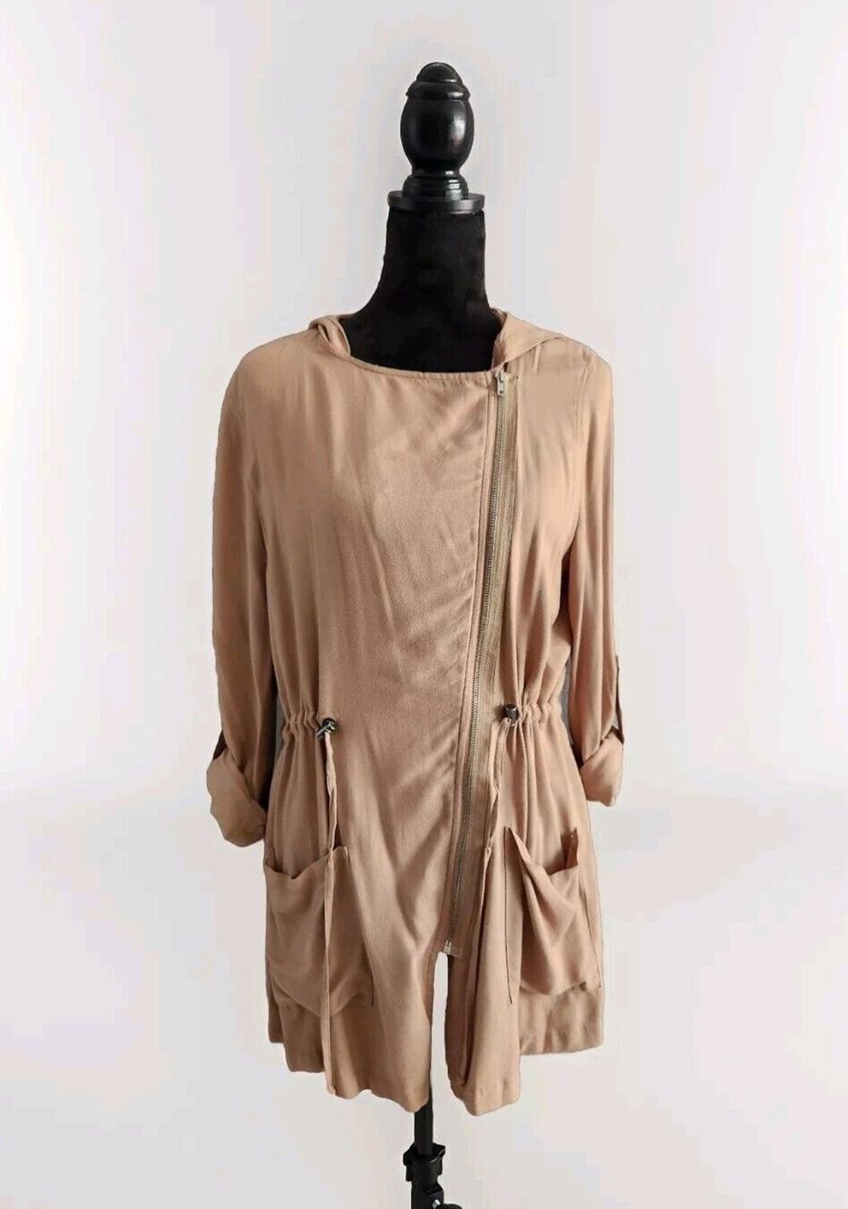 Love Tree Womens Jacket Large Beige Zip Rolled Tab Sleeve Gather Waist Pockets